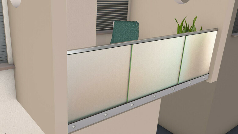 Ganzglasgeländer mit Klarglas (inkl. Sichtschutzfolie) | HOME-S | Handlauf eckig | I-Form