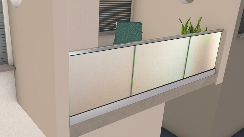 Ganzglasgeländer mit Klarglas (Sichtschutzfolie) | Home-F | Handlauf eckig | I-Form