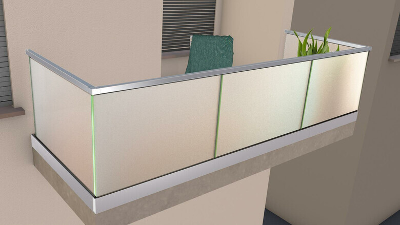 Ganzglasgeländer mit Klarglas (Sichtschutzfolie)| Home-F | Handlauf eckig | U-Form