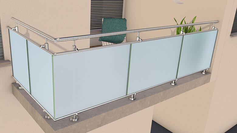 Linien-Glas-Geländer, Klarglas (inkl. Sichtschutzfolie) | aufgeschraubt | L-Form