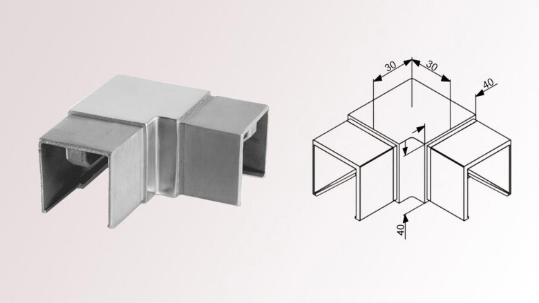 Horizontaler Eckverbinder | 90° | für quadratische Nutrohre | 40 x 40 mm | Edelstahl V2A | geschliffen