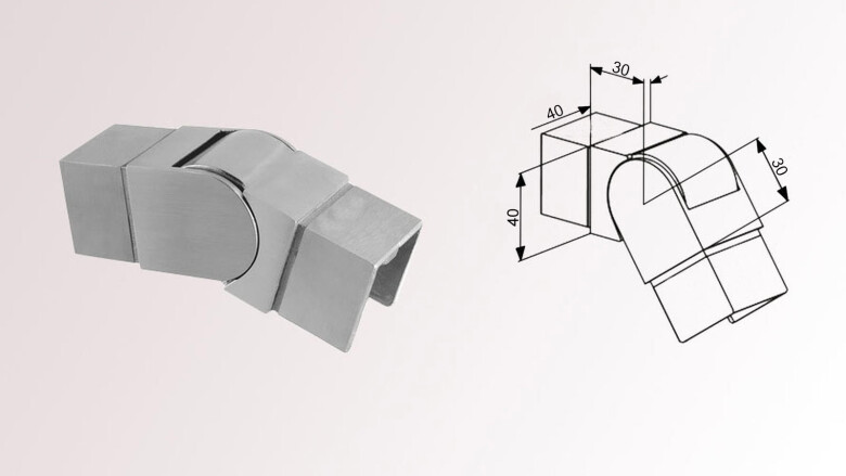 Gelenkverbinder | 125 - 155° | abwärts | für quadratische Nutrohre | 40 x 40 mm | Edelstahl V4A | geschliffen