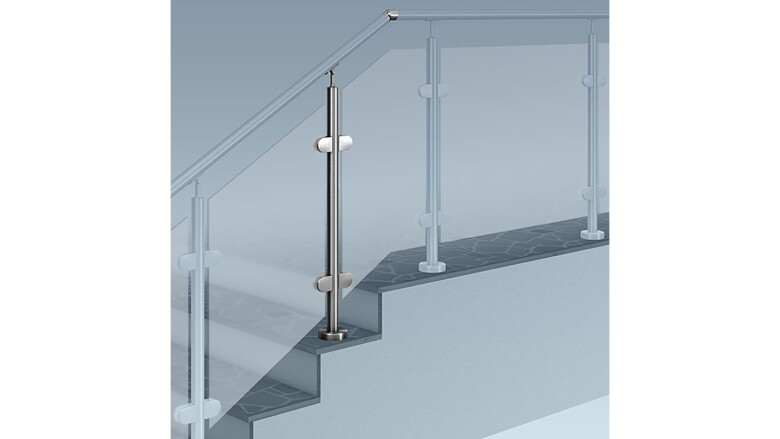 Edelstahlgeländer für Glas | Treppenanschluss | aufgeschraubte Montage | ohne Glas