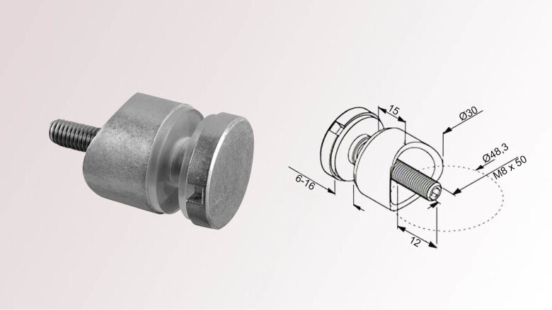 Glasadapter | Ø 30 mm | Rohr Ø 48,3 mm | M8 Gewinde | Glas 6 - 16,76 mm | Auslaufartikel