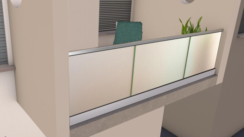 Ganzglasgeländer mit Klarglas (inkl. Sichtschutzfolie) | < 2,5 m Länge | I-Form | Handlauf eckig | Business-A