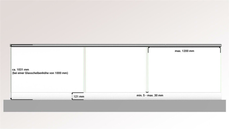 Ganzglasgeländer mit Klarglas (inkl. Sichtschutzfolie) | < 10 m Länge | L-Form | Handlauf rund | Home-A