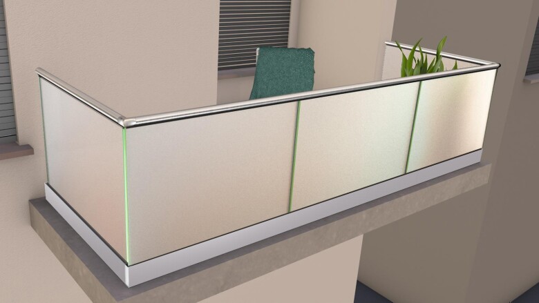 Ganzglasgeländer mit Klarglas (inkl. Sichtschutzfolie) | < 9 m Länge | U-Form | Handlauf rund | Business-A