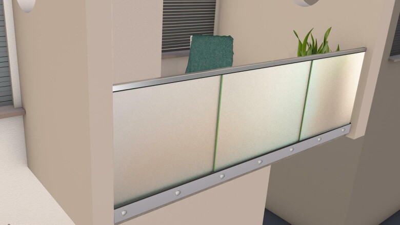 Ganzglasgeländer mit Klarglas (inkl. Sichtschutzfolie) | < 19 m Länge | I-Form | Handlauf eckig | Home-S