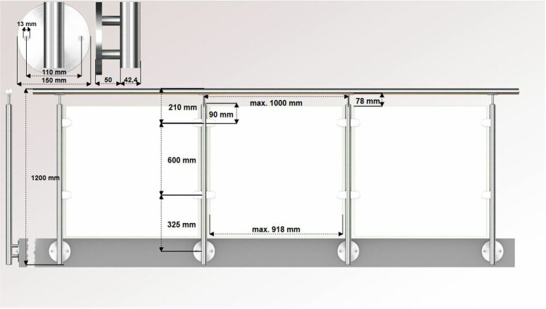 Linien Glasgeländer mit Milchglas zur seitlichen Montage in der L-Form, Frontalansicht | huero.de