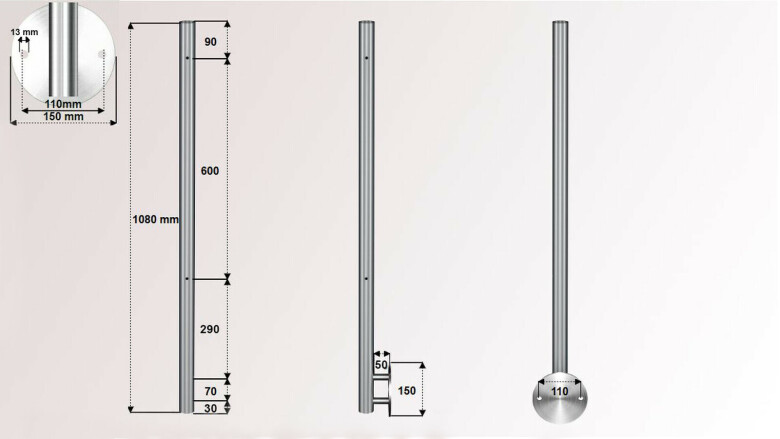 Geländerpfosten | V2A | mit 2 x M8 Gewinde links | Wandanker Ø 150 mm | für Glasgeländer | huero.de