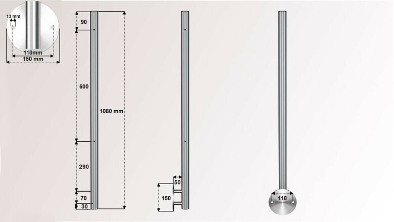 Geländerpfosten | V2A | 2 x M8 Gewinde rechts | Wandanker Ø 150 mm | für Glasgeländer | huero.de