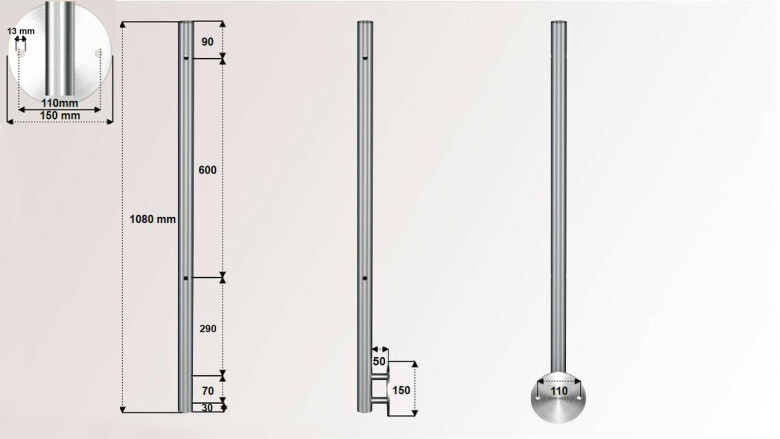 Geländerpfosten | V2A | 2 x Ø 12,2 mm Durchgang | Wandanker Ø 150 mm | für Glasgeländer | huero.de