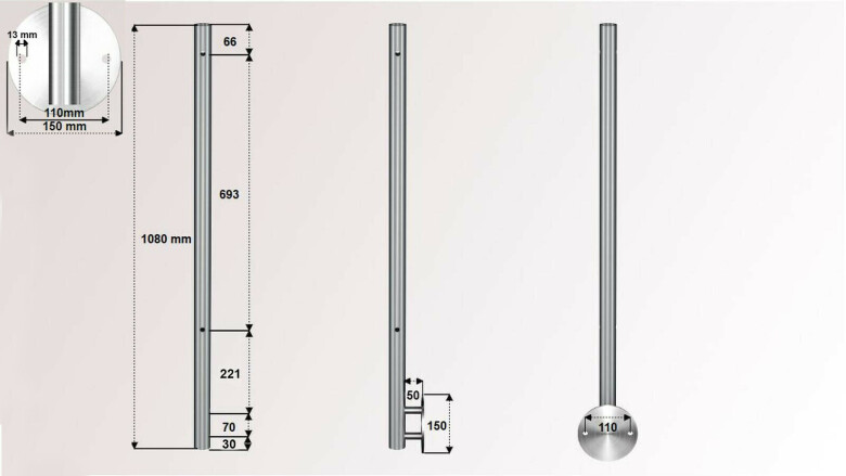Geländerpfosten | V2A | 2 x Ø 12,2 mm Durchgang | Wandanker Ø 150 mm | für Stabgeländer | huero.de