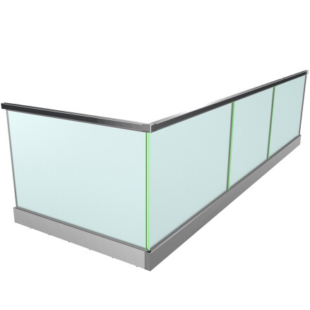 Ganzglasgeländer mit Klarglas inkl. Sichtschutzfolie| aufgeschraubt | L-Form | Handlauf eckig | Home-F | huero.de