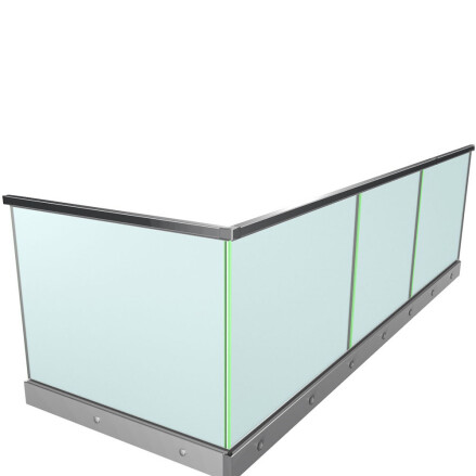 Ganzglasgeländer mit Klarglas inkl. Sichtschutzfolie | seitlich | L-Form | Handlauf eckig | Business | huero.de