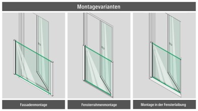 Französischer Balkon | Alu Profile silber eloxiert | Klarglas | VSG 12,76 mm | Höhe 1,1 m | bis 1,2 m Breite