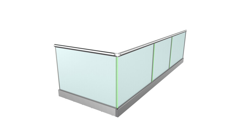 Ganzglasgeländer mit Klarglas inkl. Sichtschutzfolie | aufgeschraubt | L-Form | Handlauf eckig | Business-F | huero.de