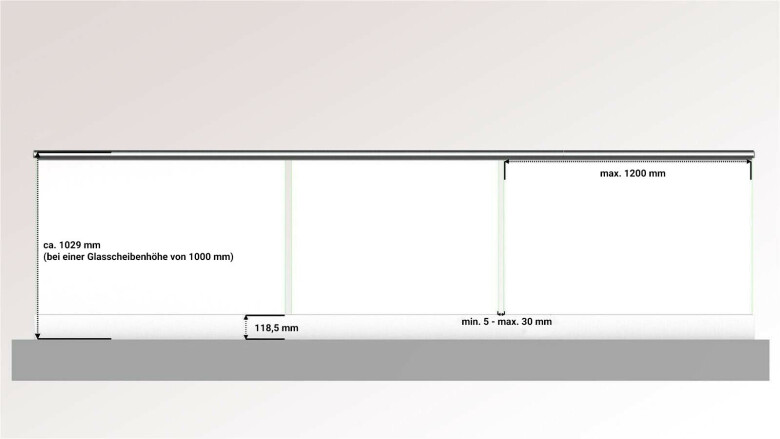 Ganzglasgeländer mit Klarglas (inkl. Sichtschutzfolie) | < 13 m Länge | I-Form | Handlauf rund | Business-F