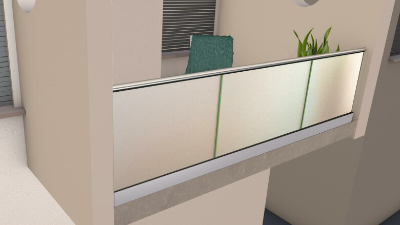 Ganzglasgeländer mit Klarglas (inkl. Sichtschutzfolie) | < 14 m Länge | I-Form | Handlauf rund | Business-F